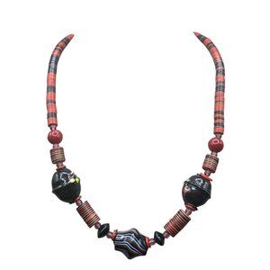 Unusual Art Glass Necklace in Red & Black Ethnic Style Surfer Jewelry